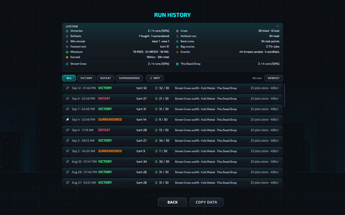 The rebuilt Run History, with filters, sorting and a pinned run