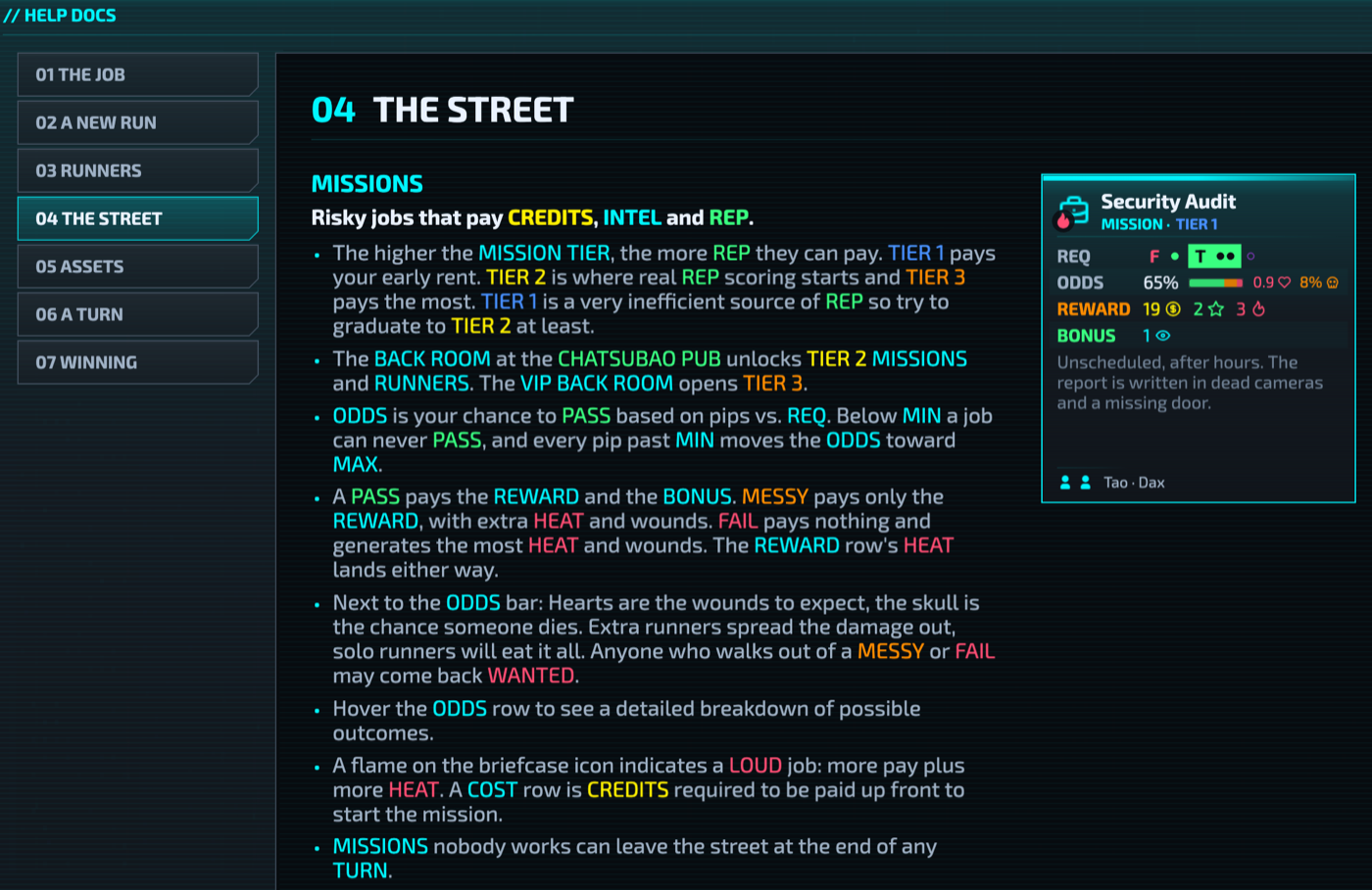 Help Docs, THE STREET: the rules beside a live mission card