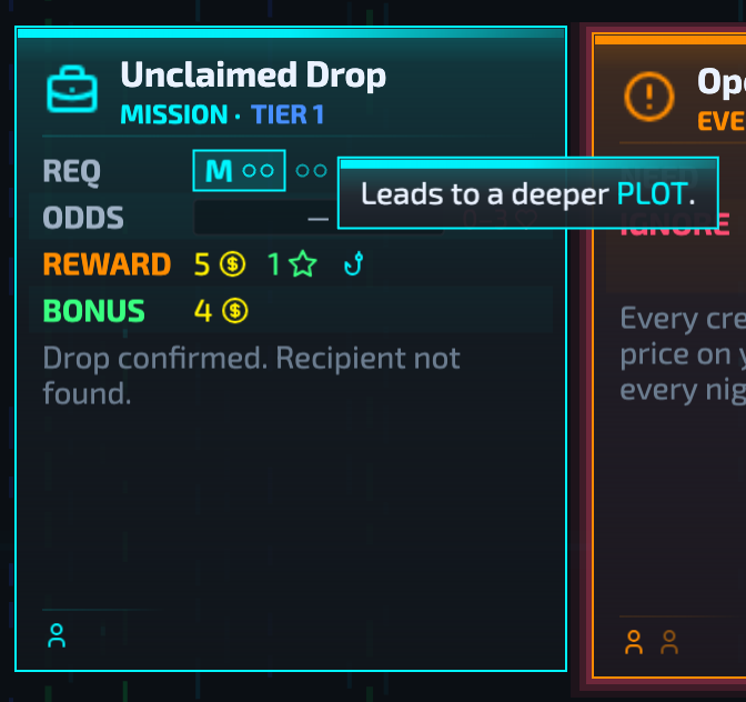 A job whose REWARD row ends in the PLOT hook, with its tooltip