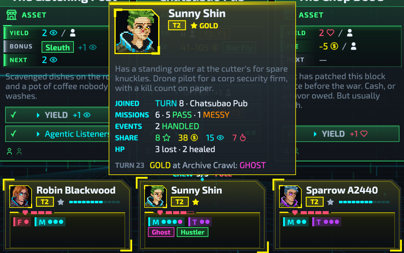 Sunny Shin's new portrait and bio in the runner tooltip, over the crew row